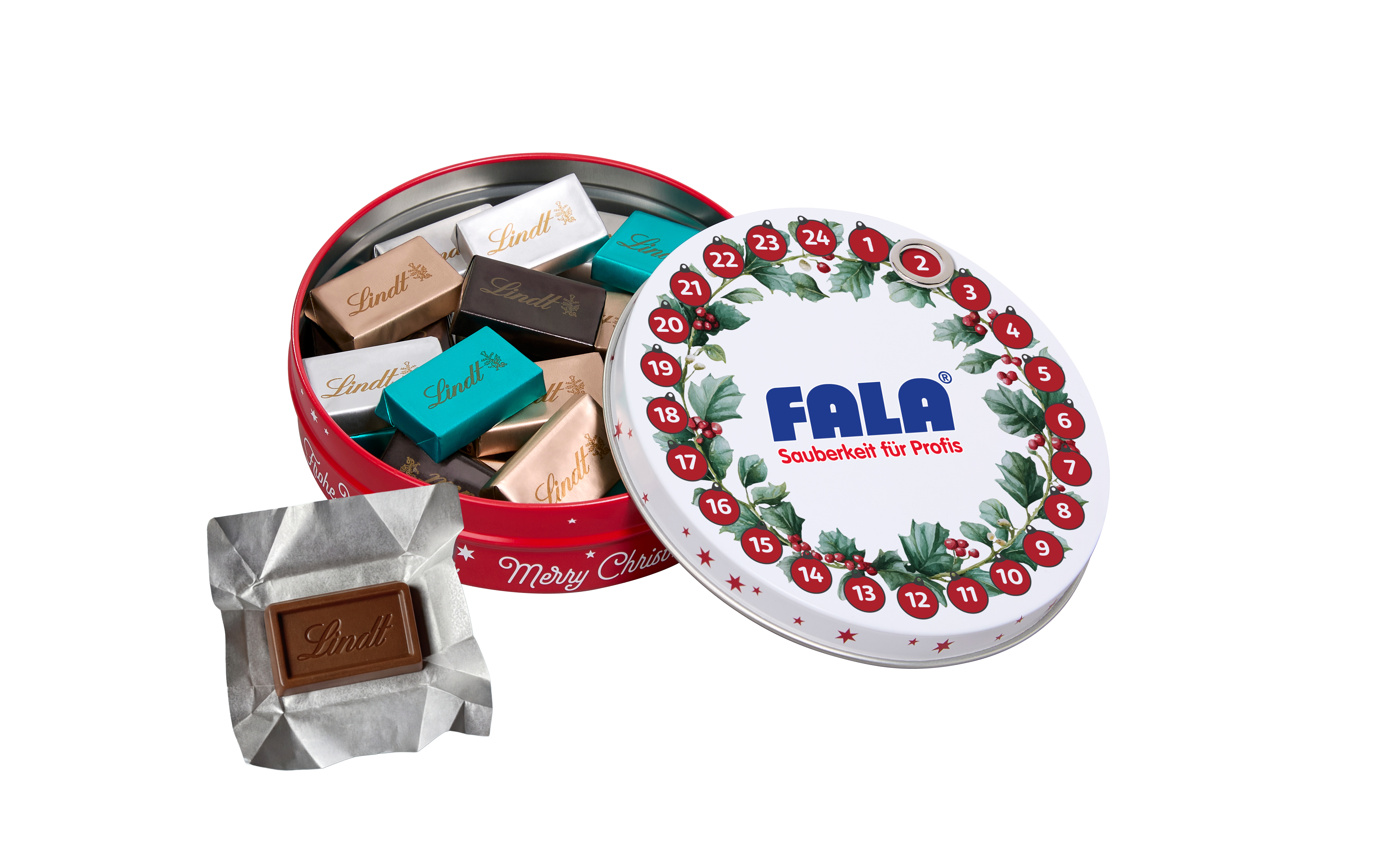 Magnetdosen-Adventskalender Standardmotiv B mit Lindt Naps