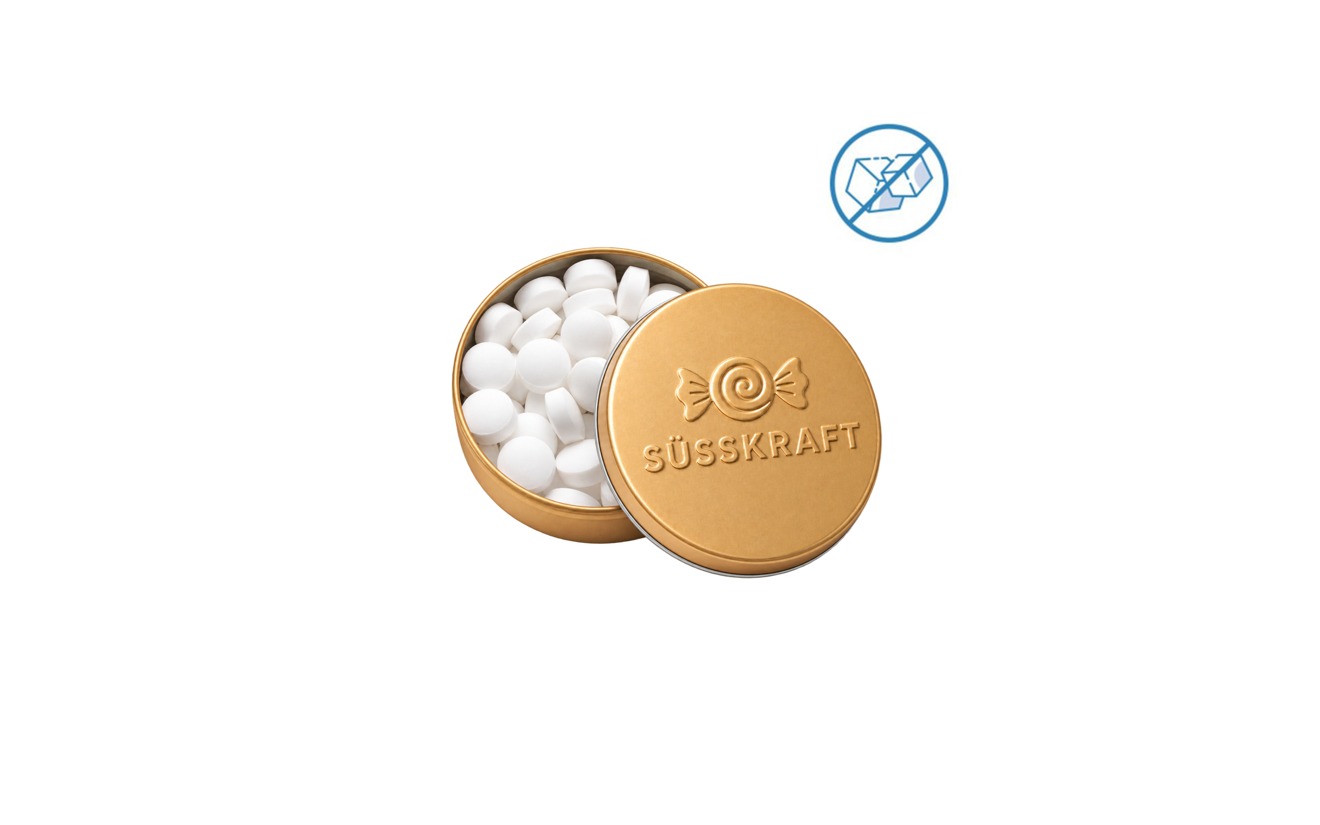 XS-Prägedose "Pfefferminzdragees zuckerfrei" Gold (glänzend)