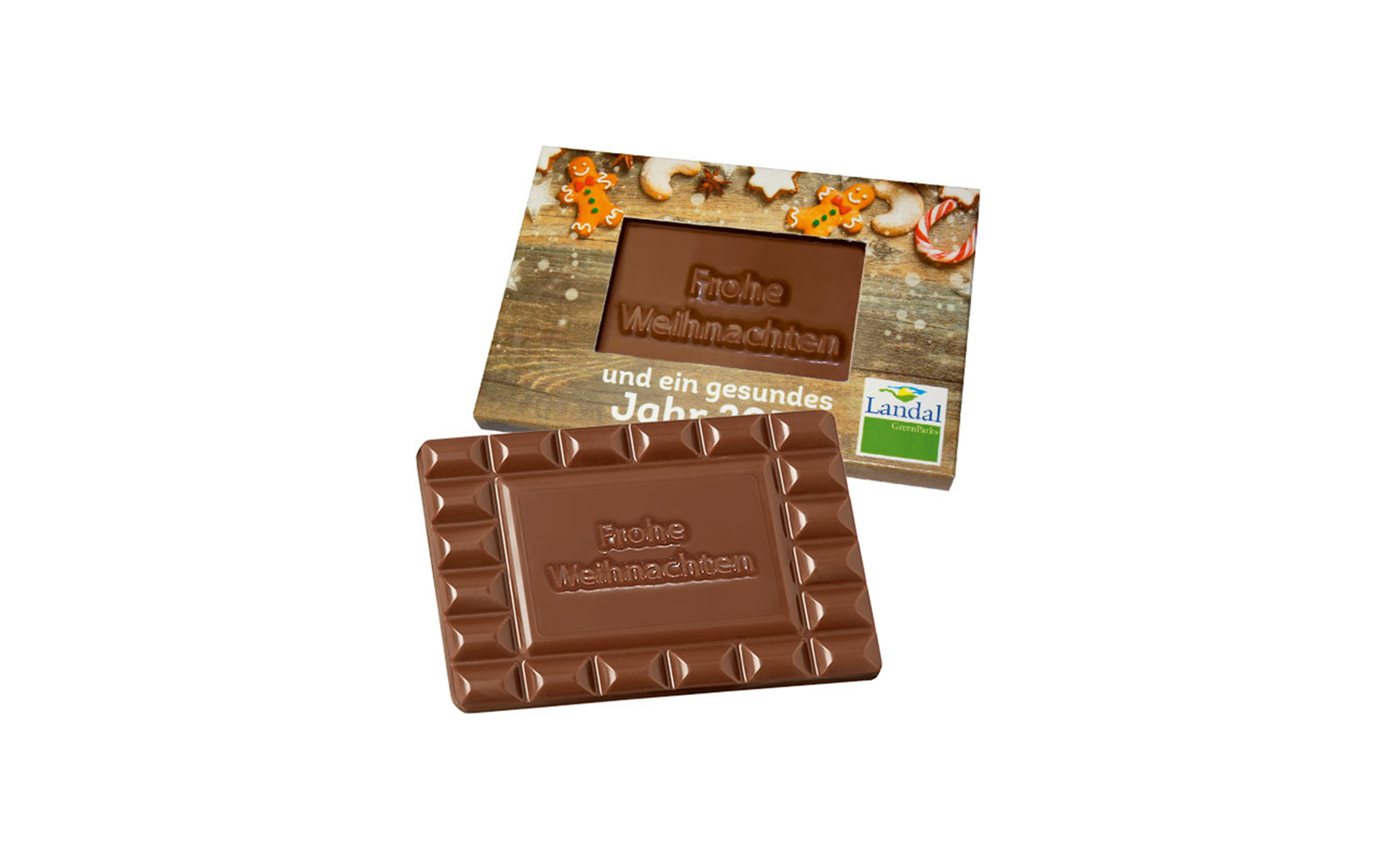 Schokoladentafel 60g "Frohe Weihnachten" im Werbe-Präsentkarton