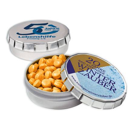 Silberne Werbedose mit ACE-Vitaminpastillen, bedruckt mit Ihrem Logo