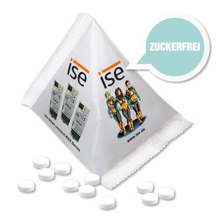 3-seitige Werbe-Pyramide mit zuckerfreien Pfefferminzdragees.