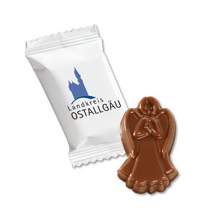 Engel aus feinster Schokolade in Flowpack mit Kunden-Logo.