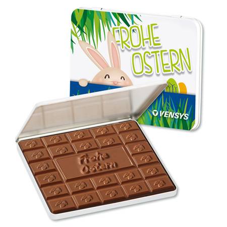 110g Schokolade "Frohe Ostern" in der Werbe-Dekordose