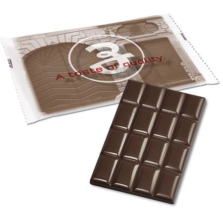 60g Zartbitterschokolade für Ihre Werbung im praktischen FlowPack