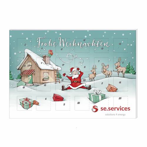 Schokoladen Werbung mit bedrucktem Kompakt Adventskalender "Sliding Christmas"